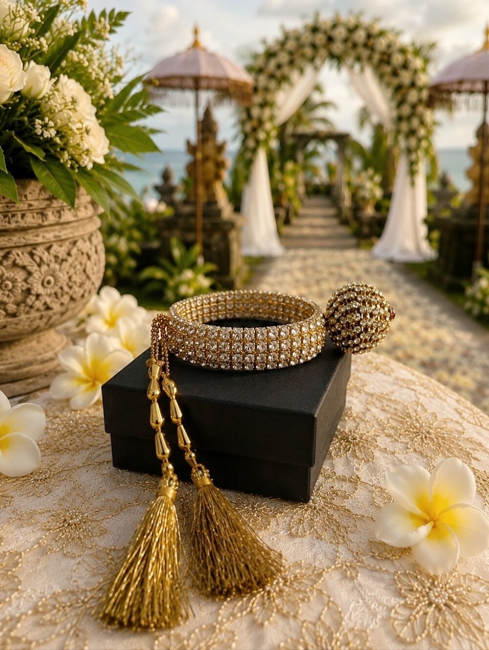 Bali Style Bollywood India Wedding Bright Gold Tone Festive Tassel Ball Bracelet